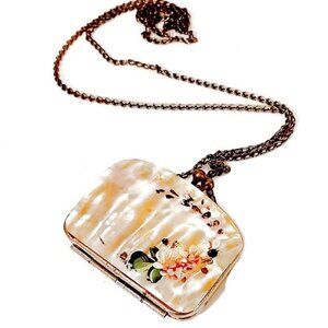 Antique Vintage Edwardian Mother Of Pearl Shell Painted Change Purse Necklace